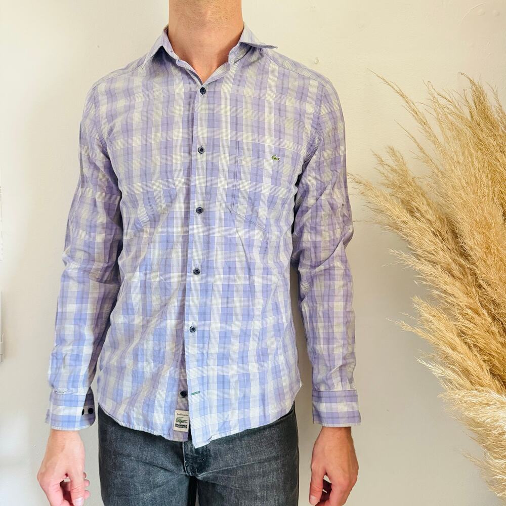 LACOSTE Purple Lilac White Plaid Print Button Long Sleeve $145 Dress Shirt 38 S
